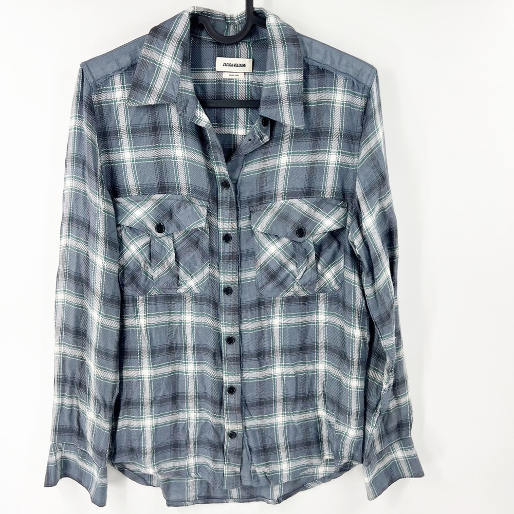 ✅ Zadig & Voltaire Blue & Green Plaid Long Sleeve Button‎ Down Top SIZE X-SMALL